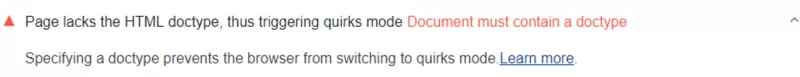 Screenshot of PageSpeed Insights Report showing the Page lacks the HTML doctype, thus triggering quirks mode.