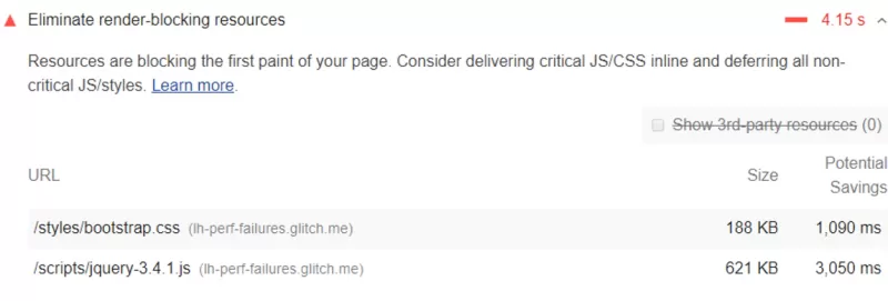 A screenshot of the PageSpeed Insights Report showing that you need to eliminate render-blocking resources.