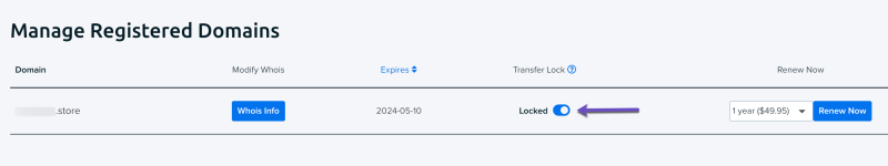DreamHost Manage Registered Domains Transfer Lock