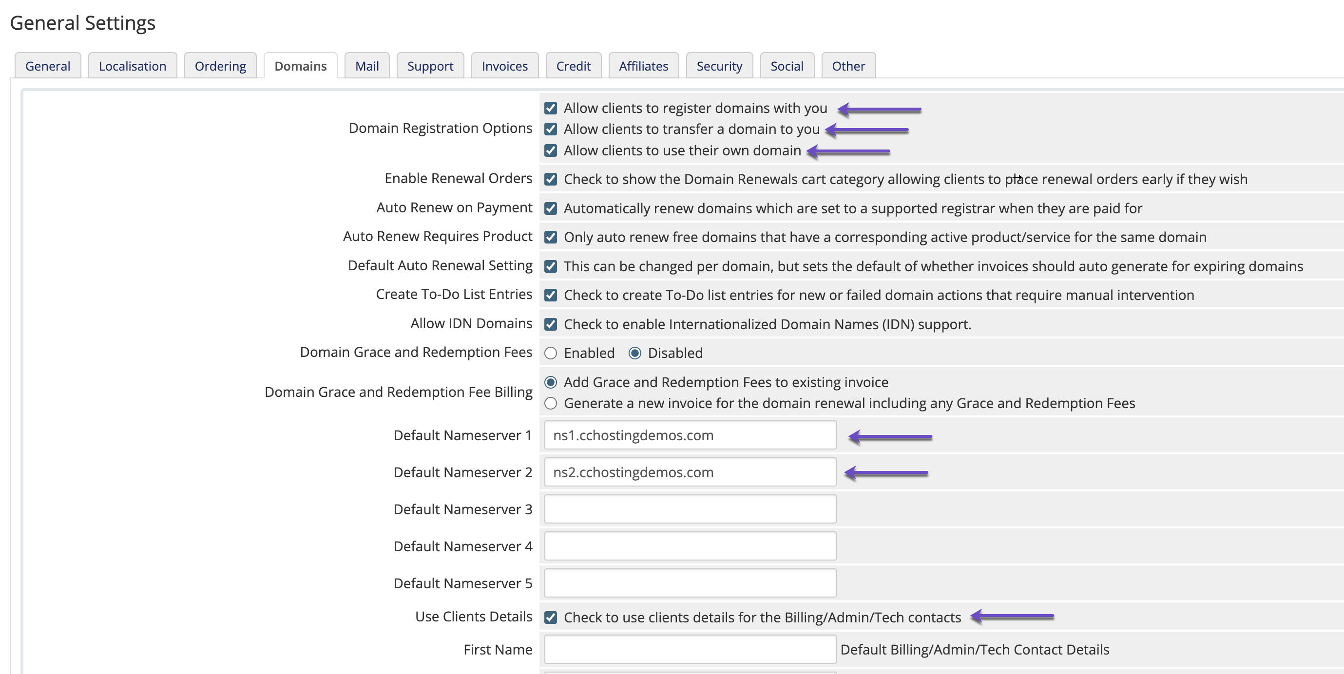 WHMCS General Settings Domains