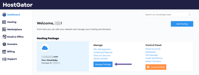 Dashboard Hosting Package Manage Manage Package