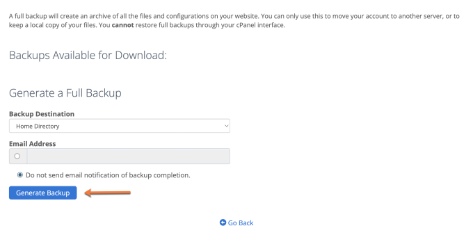 Bluehost Generate full cPanel Backup