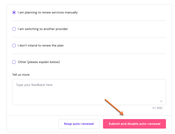 Submit and diasable auto renewal