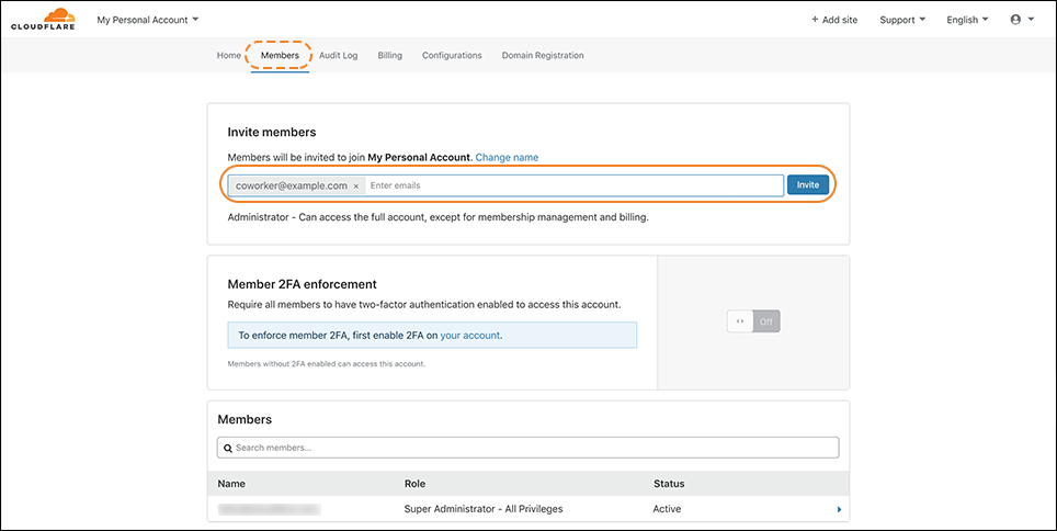 screenshot of Members tab in the Cloudflare dashboard