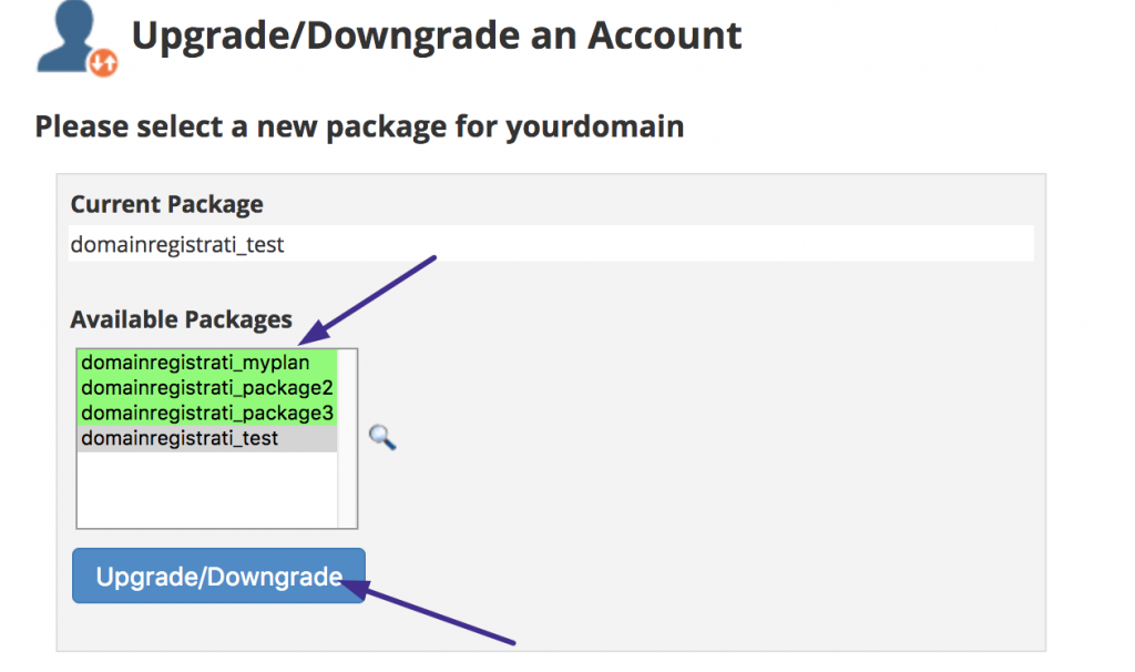 change whm hosting package