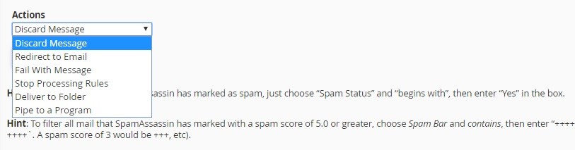 choose email filter action