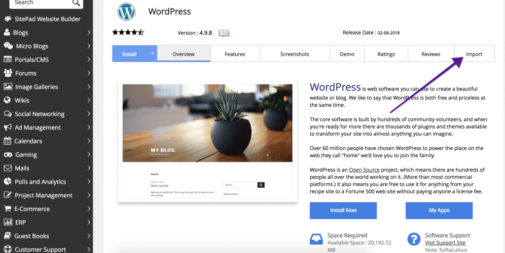 Import Application in Softaculous